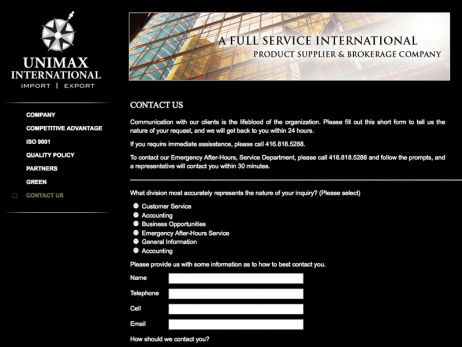 Unimax Contact Us Page